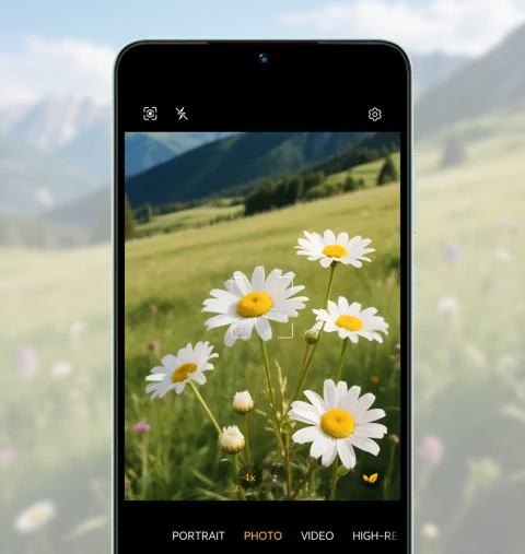 Honor X5c Plus in Green held up showing the camera app framing a flower