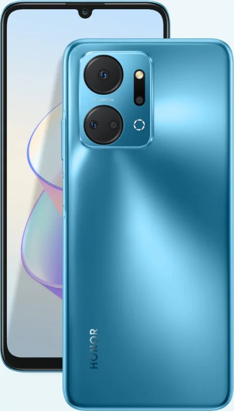 Honor X7a in Ocean Blue, front and back view