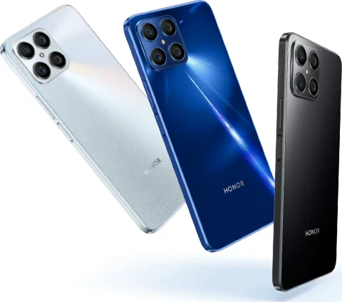 Honor X8 in Titanium Silver, Ocean Blue and Midnight Black, back view