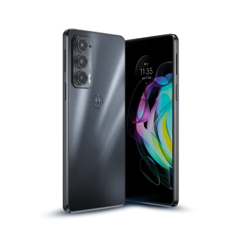 Motorola Edge 20 in Frosted Onyx, front and back angled view