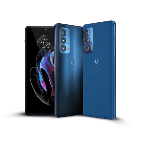 Motorola Edge 20 Pro in Thunder Black and Baltic Blue, front and back view