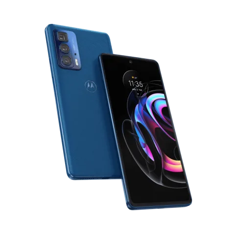 Motorola Edge 20 Pro in Baltic Blue, front and back angled view