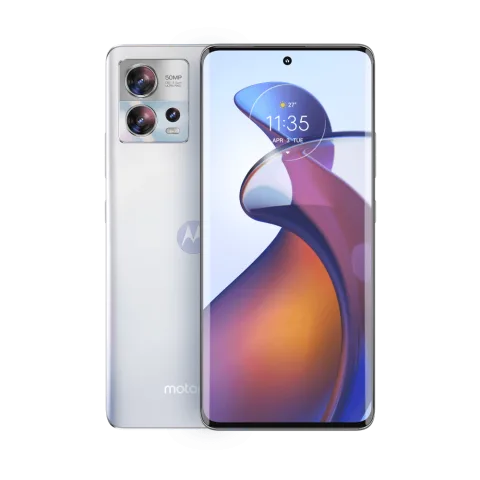 Motorola Edge 30 Fusion in Aurora White, front and back