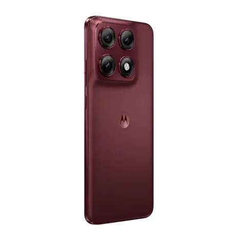 Motorola Edge 70 Pro in PANTONE Zinfandel, three-quarter angle showing back and camera module