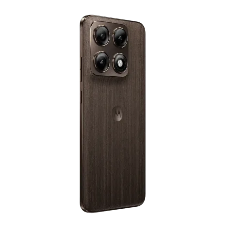 Motorola Edge 70 Pro in PANTONE Chicory Coffee, three-quarter angle showing back and camera module