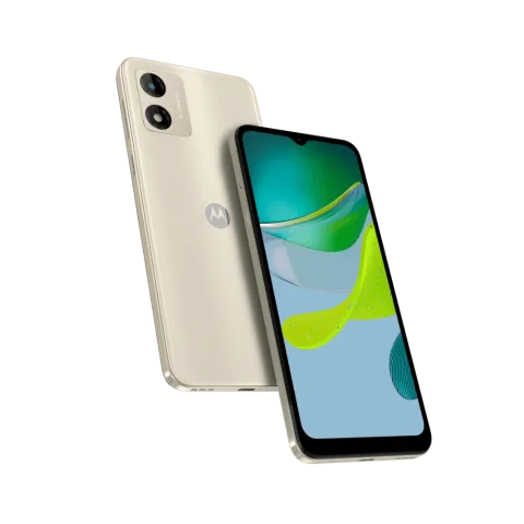 Moto E13 in Creamy White, front and back view