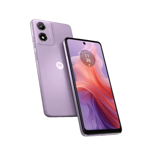 Moto E14 in Pastel Purple, front and back hero view
