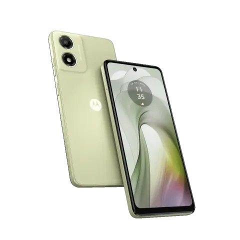 Moto E14 in Pastel Green, front and back hero view