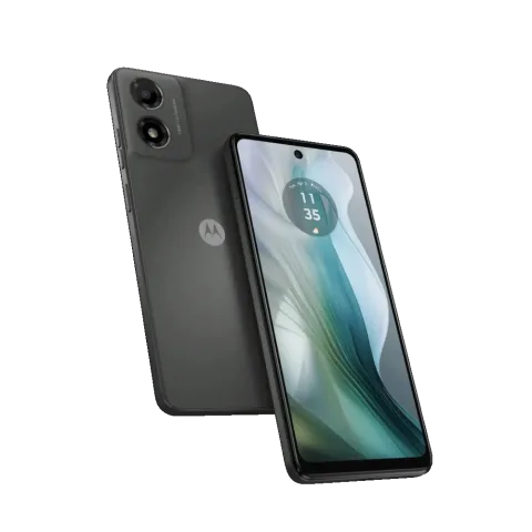 Moto E14 in Graphite Grey, front and back hero view