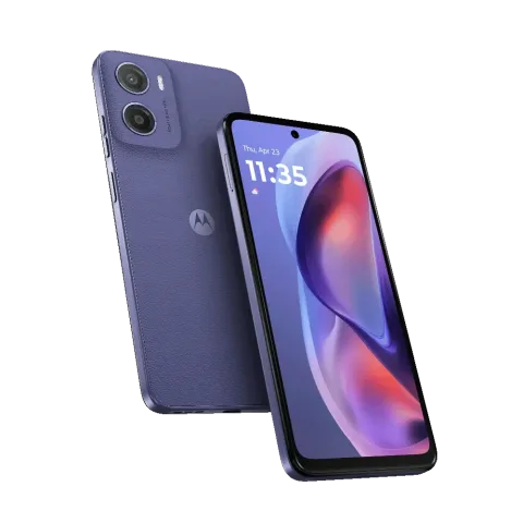 Moto E15 in Fresh Lavender, front and back hero view