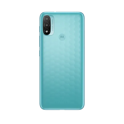Moto E20 in Coastal Blue, back view