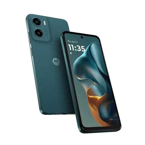 Moto G05 in Forest Green, front and back hero view