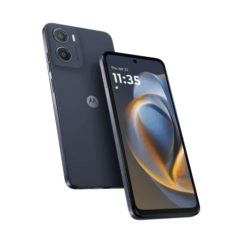 Moto G05 in Denim Blue, front and back hero view