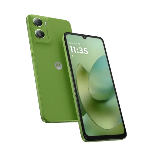 Moto G06 in Tendril, front and back paired hero shot