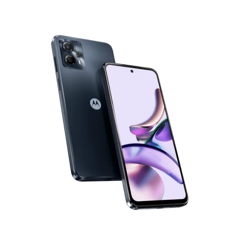 Moto G13 in Matte Charcoal, front and back view