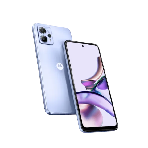 Moto G13 in Blue Lavender, front and back view