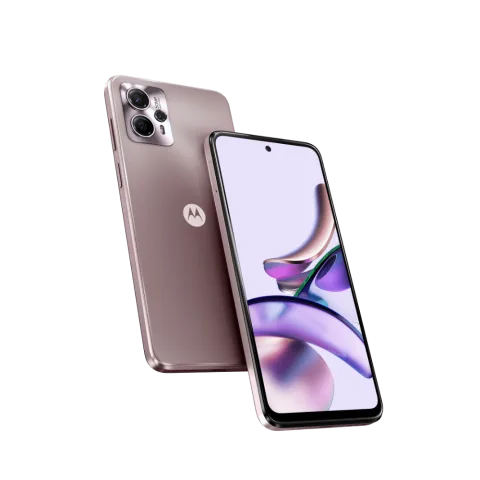 Moto G13 in Rose Gold, front and back view