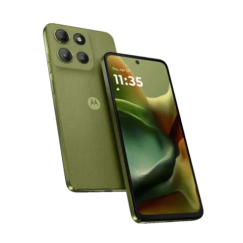 Moto G15 in Iguana Green, front and back hero view