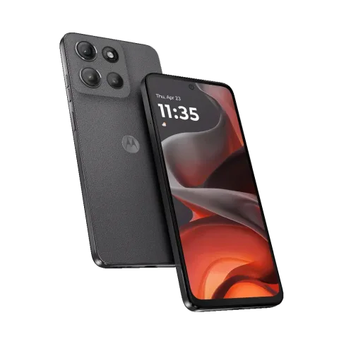 Moto G15 in Gravity Grey, front and back hero view