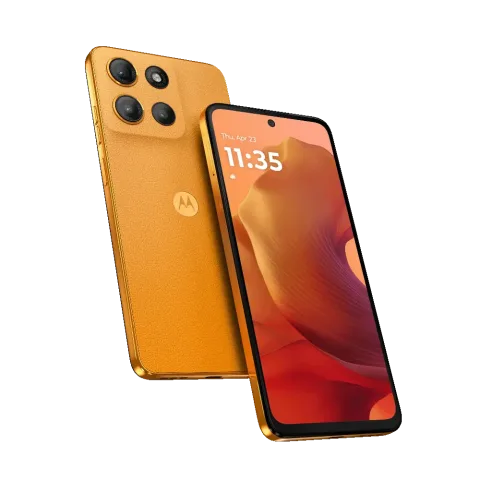 Moto G15 in Sunrise Orange, front and back hero view