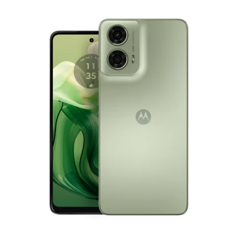 Moto G24 in Seafoam Green, front and back paired hero shot