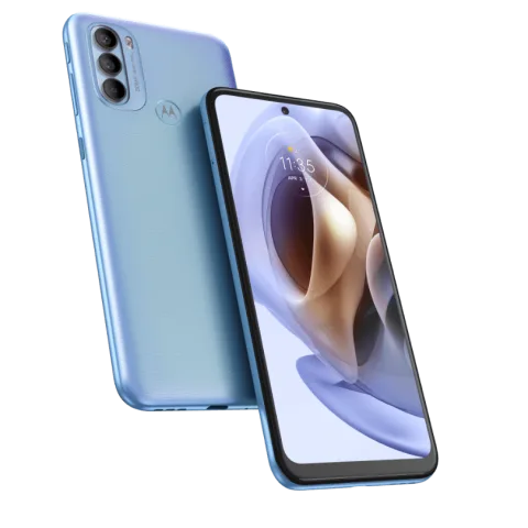Moto G31 in Sterling Blue, front and back angled view