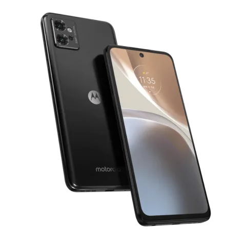 Moto G32 in Dove Grey, front and back angled view