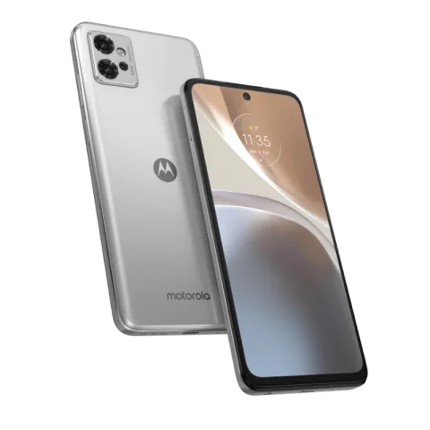 Moto G32 in Soft Silver, front and back angled view