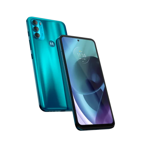 Moto G71 5G in Neptune Green, front and back view
