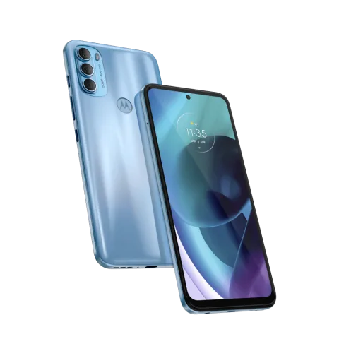 Moto G71 5G in Arctic Blue, front and back view