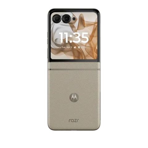 Motorola Razr 50 in Beach Sand, closed showing the cover display