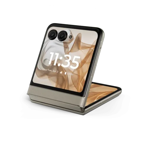Motorola Razr 50 in Beach Sand, Flex Mode (half-open)