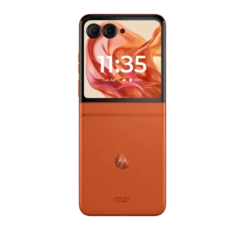 Motorola Razr 50 in Spritz Orange, closed showing the cover display