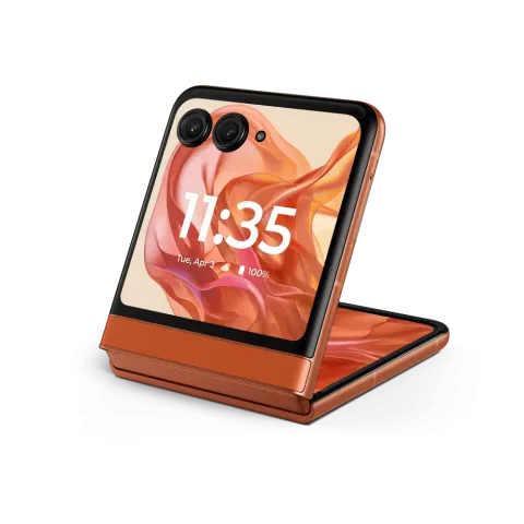 Motorola Razr 50 in Spritz Orange, Flex Mode (half-open)