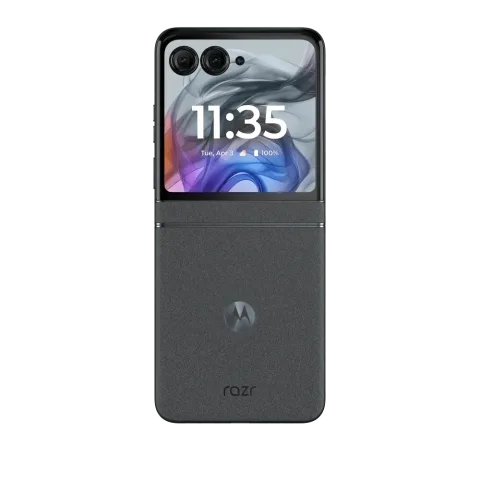 Motorola Razr 50 in Koala Grey, closed showing the cover display