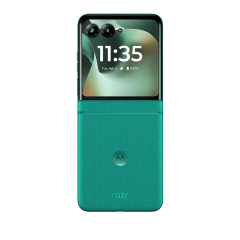 Motorola Razr 70 in PANTONE Sporting Green, closed, front cover screen showing time