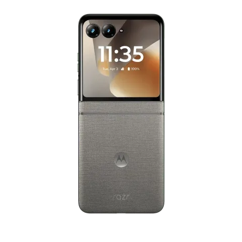 Motorola Razr 70 in PANTONE Hematite, closed, front cover screen showing time
