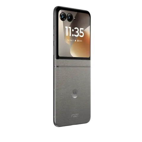 Motorola Razr 70 in PANTONE Hematite, closed, three-quarter angle