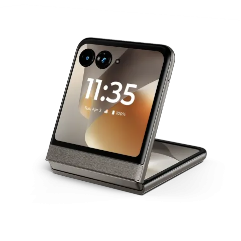 Motorola Razr 70 in PANTONE Hematite, half-open in flex mode propped up