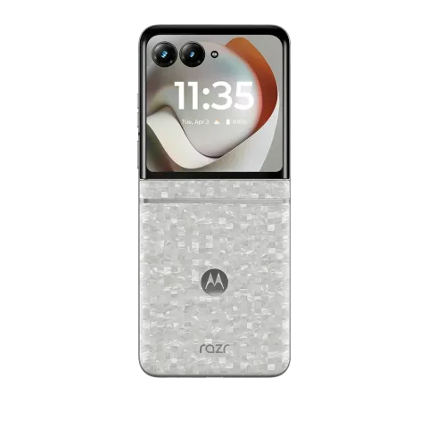 Motorola Razr 70 in PANTONE Bright White, closed, front cover screen showing time