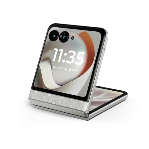Motorola Razr 70 in PANTONE Bright White, half-open in flex mode propped up