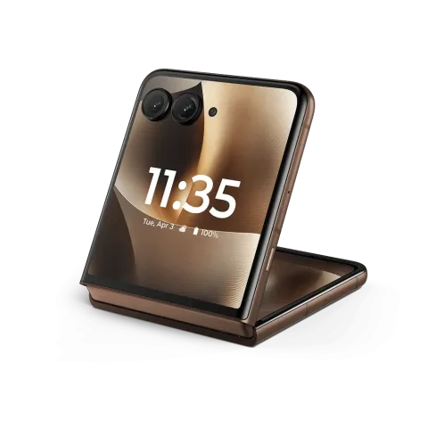Motorola Razr 70 Ultra in PANTONE Cocoa, half-open in flex mode propped up