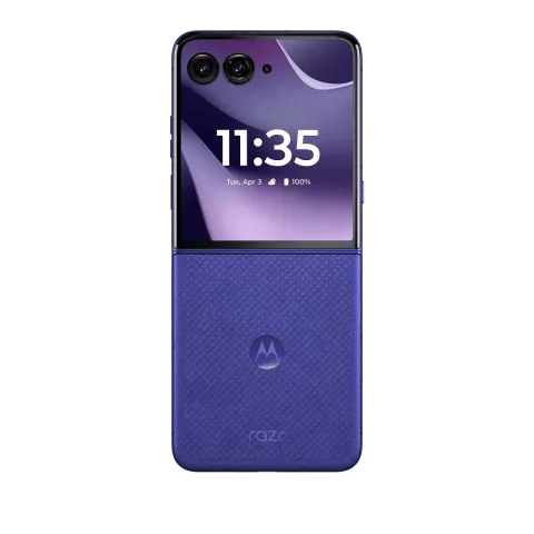 Motorola Razr 70 Ultra in PANTONE Orient Blue, closed, front cover screen showing time