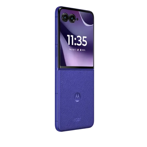 Motorola Razr 70 Ultra in PANTONE Orient Blue, closed, three-quarter angle