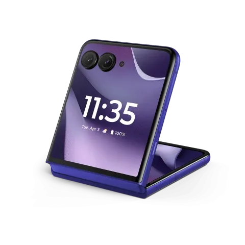 Motorola Razr 70 Ultra in PANTONE Orient Blue, half-open in flex mode propped up