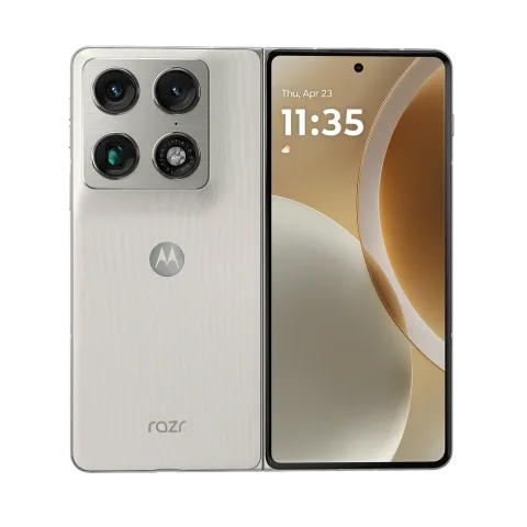 Motorola Razr Fold in PANTONE Lily White, closed, straight-on showing cover and inner screen