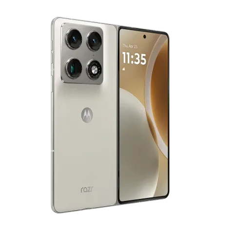Motorola Razr Fold in PANTONE Lily White, closed, three-quarter angle