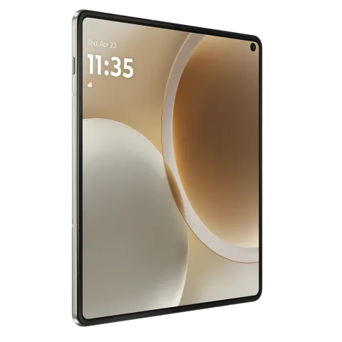 Motorola Razr Fold in PANTONE Lily White, fully open, three-quarter angle showing full display