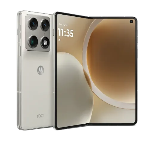 Motorola Razr Fold in PANTONE Lily White, half-open in laptop mode propped at an angle
