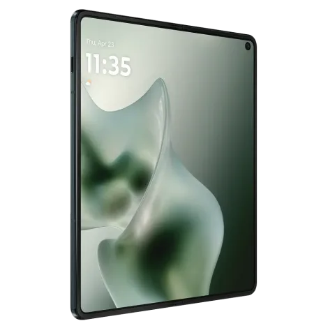 Motorola Razr Fold in PANTONE Blackened Blue, fully open, three-quarter angle showing full display